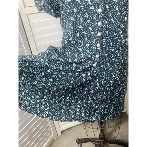 Vintage 80s 90s Floral Green Bib Knee Length Dress Layered Pullover Sz 20 - Picture 6 of 10